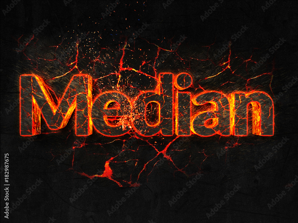 Median Fire text flame burning hot lava explosion background.