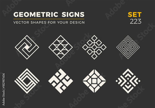 Set of eight minimalistic trendy shapes. Stylish vector logo emblems for Your design. Simple geometric signs collection.
