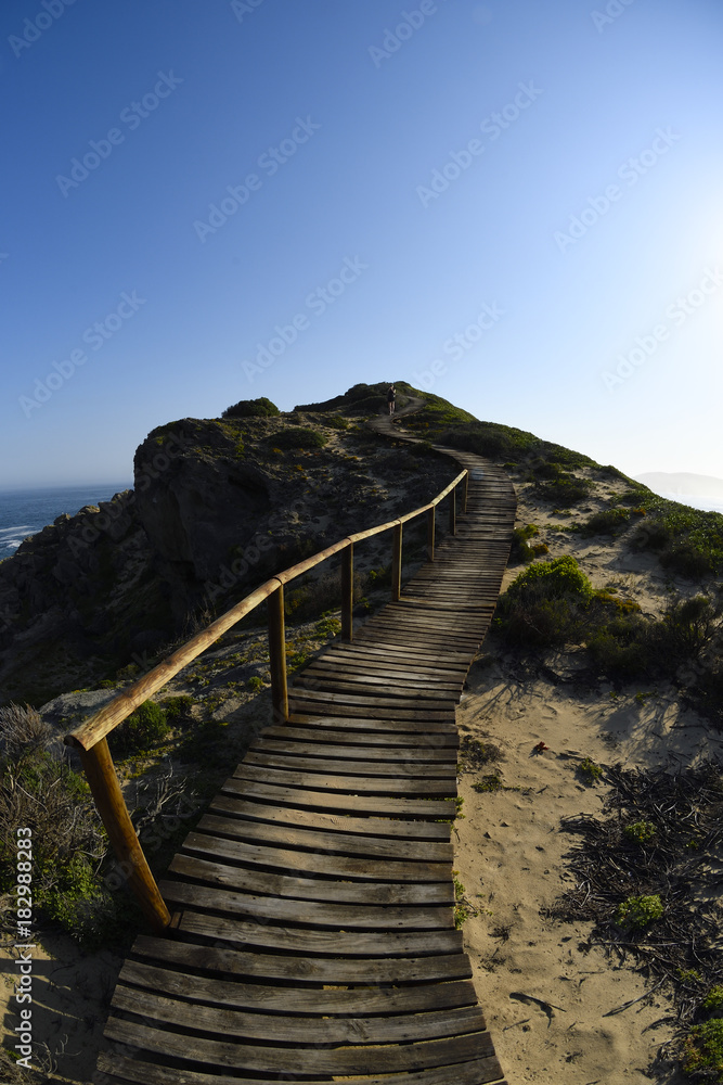 Girl climbing a hill by the sea on a wooden sidewalk, in Goukamma Nature Reserve, Knysna South Africa