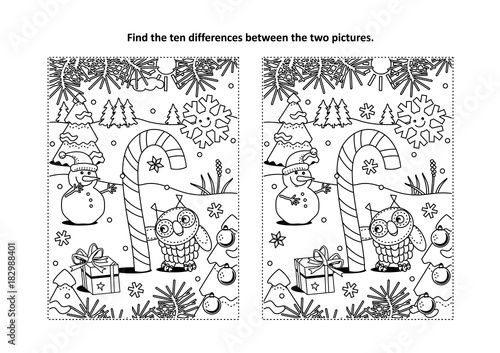 Winter holidays, New Year or Christmas themed find the ten differences picture puzzle and coloring page with magical candy cane, owl and snowman.
