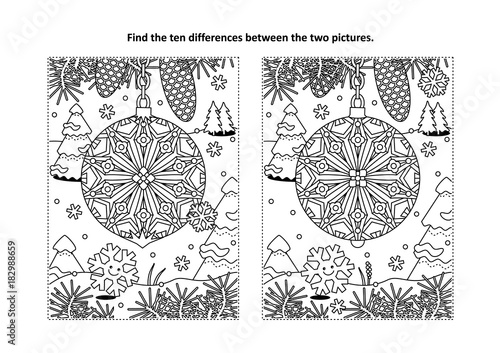 Winter holidays, New Year or Christmas themed find the ten differences picture puzzle and coloring page with christmas tree ornament.