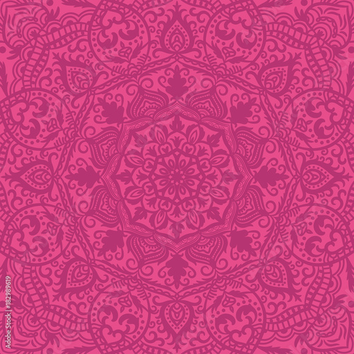 Pink ornamental lacy seamless pattern, mandalas, lace background. 