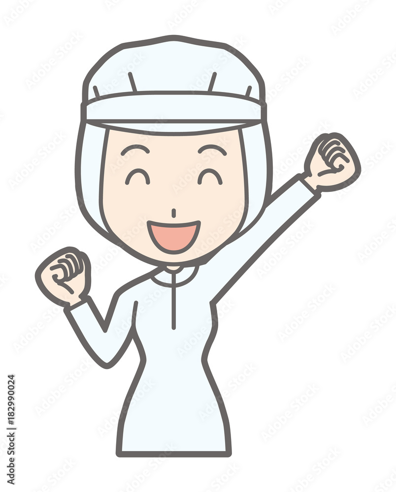 A female worker wearing white sanitary clothes is holding a fist with a smile A female worker wearing white sanitary clothes is holding a fist with a smile