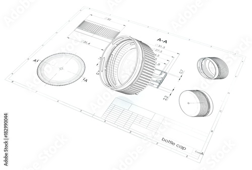 3d illustration of plastic bottle caps above engineering drawing
