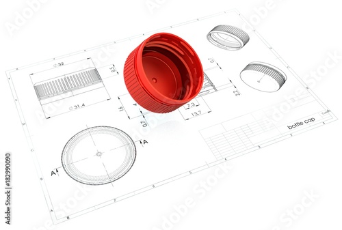 3d illustration of plastic bottle caps above engineering drawing
