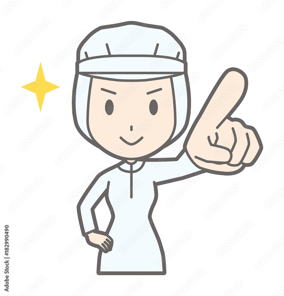 A female worker wearing white sanitary clothes points towards the front A female worker wearing white sanitary clothes points towards the front