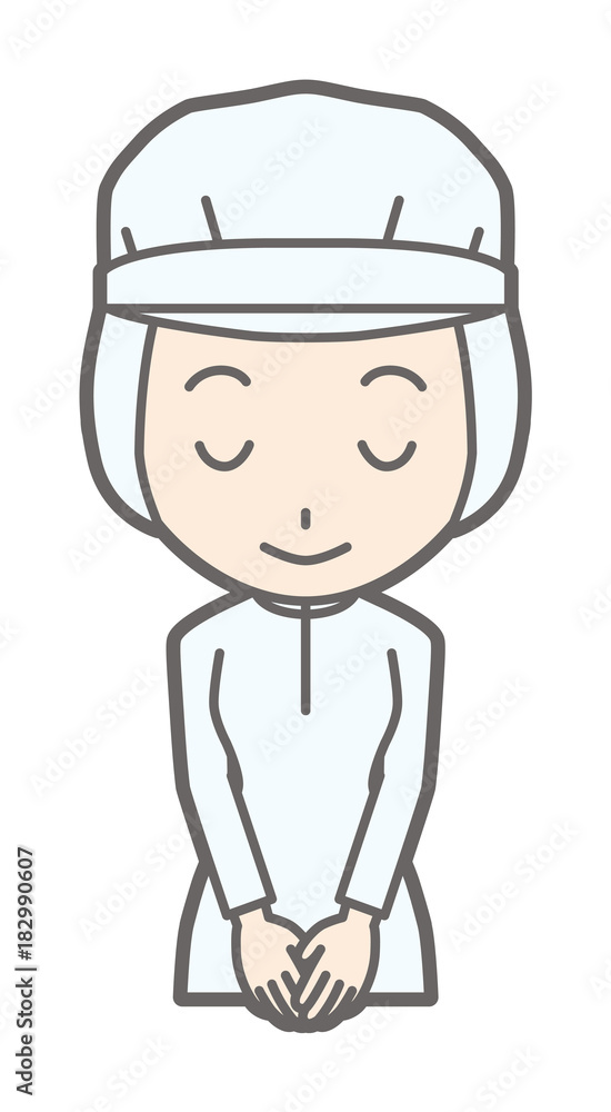 Female workers wearing white sanitary clothes smile and bow Female workers wearing white sanitary clothes smile and bow