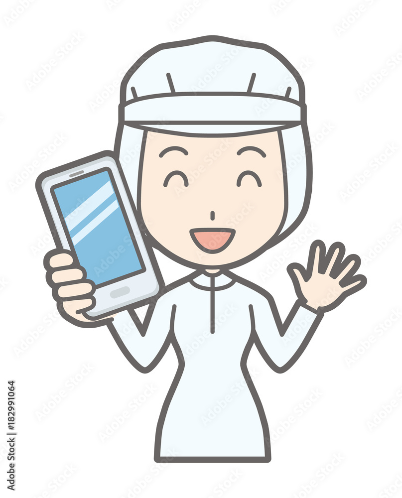 A female worker wearing white sanitary clothing has a smartphone A female worker wearing white sanitary clothing has a smartphone