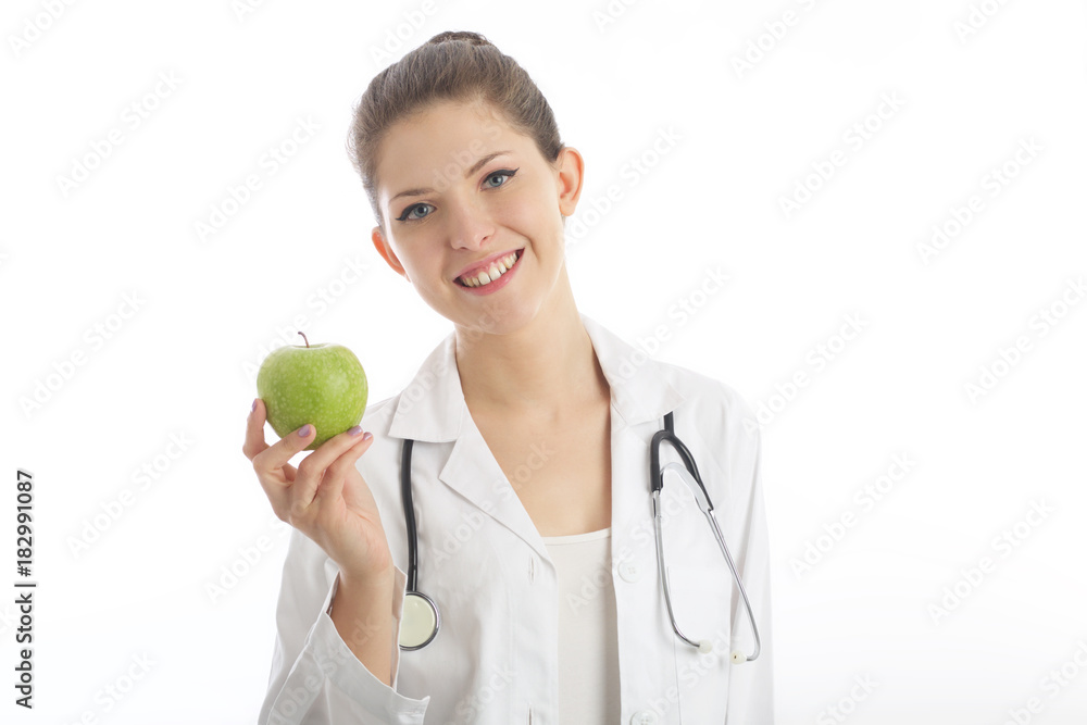 beautiful woman nutritionist showing green apple beautiful woman nutritionist showing green apple