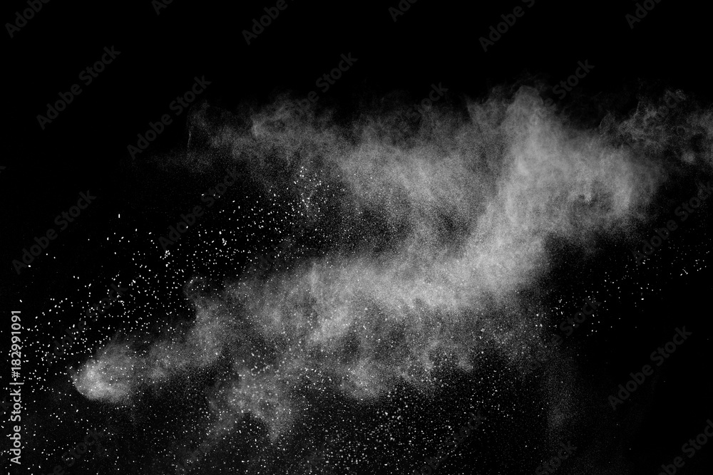 Freeze motion of white powder explosions isolated on black background. - obrazy, fototapety, plakaty 