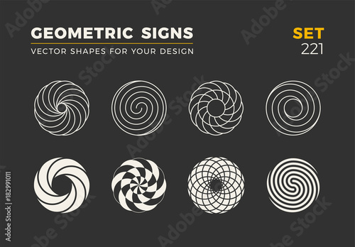 Set of eight minimalistic trendy shapes. Stylish vector logo emblems for Your design. Simple geometric signs collection.