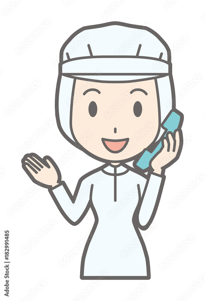A female worker wearing white sanitary clothing is talking on the phone A female worker wearing white sanitary clothing is talking on the phone