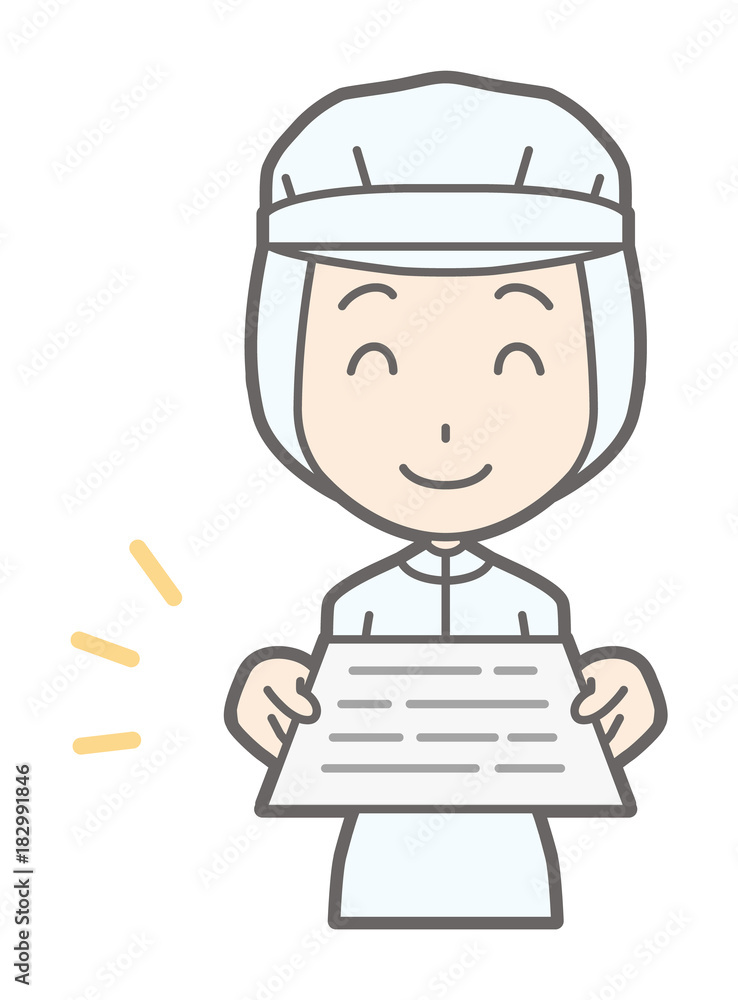 A female worker wearing white sanitary wears out the document