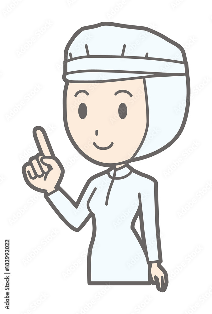 A female worker wearing white sanitary clothes is pointing