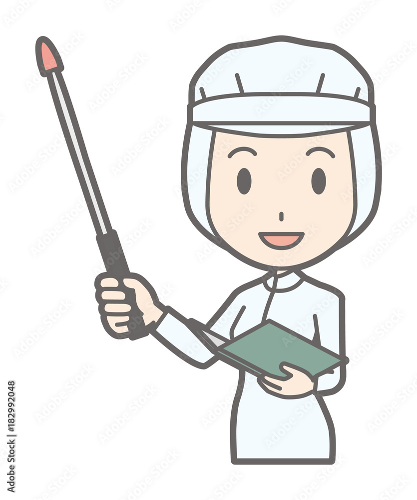 A female worker wearing white sanitary clothing has a command stick A female worker wearing white sanitary clothing has a command stick
