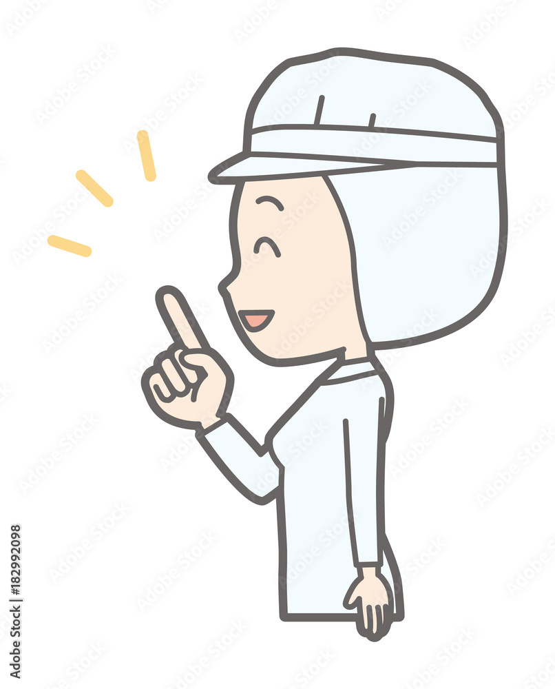 A female worker wearing white sanitary clothes points to the side and points it. A female worker wearing white sanitary clothes points to the side and points it.