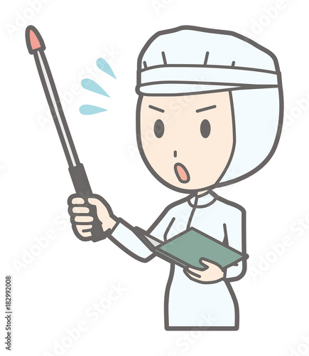 A female worker wearing white sanitary clothing is impatient with an instruction stick