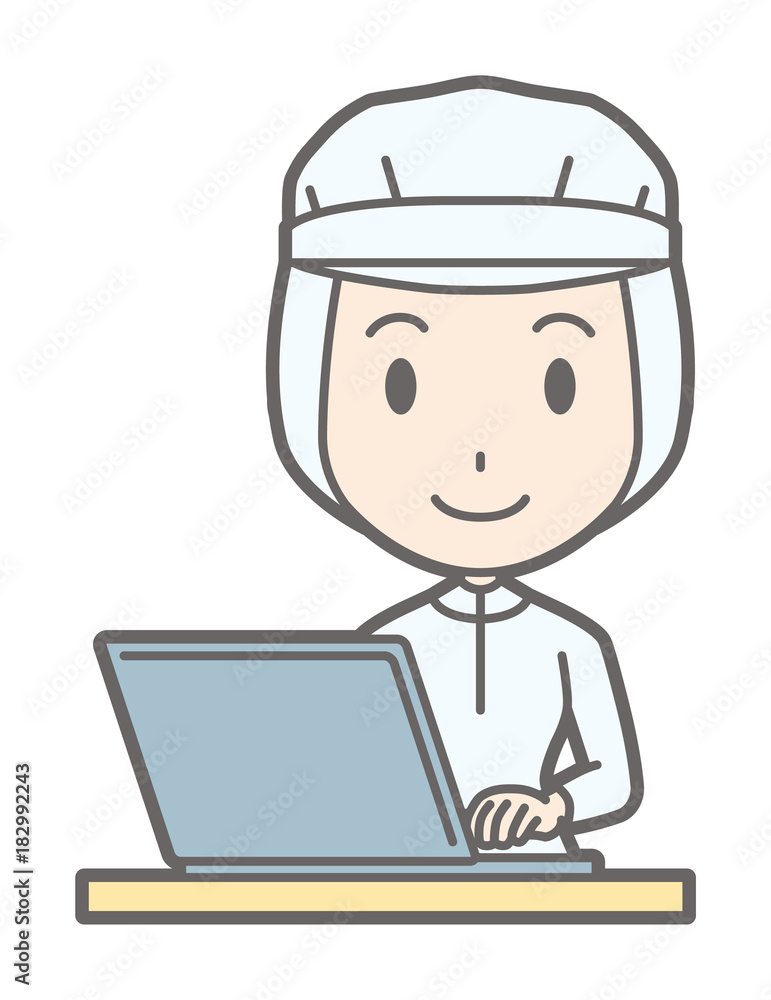 A female worker wearing white sanitary clothing is operating a laptop computer A female worker wearing white sanitary clothing is operating a laptop computer