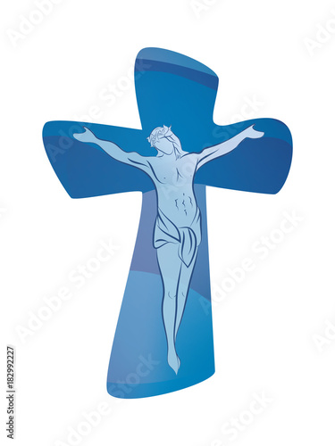 Christian cross with crucified jesus on blue background. Crucifix. Crucifixion. Religious sign. Multiple.exposure