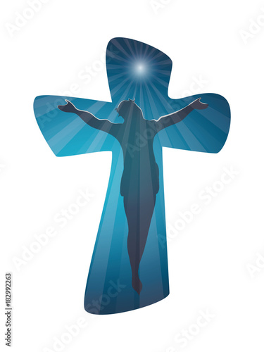 Christian cross with crucified jesus on blue background. Crucifix. Shiloutte jesus. Crucifixion. Religious sign. Multiple exposure