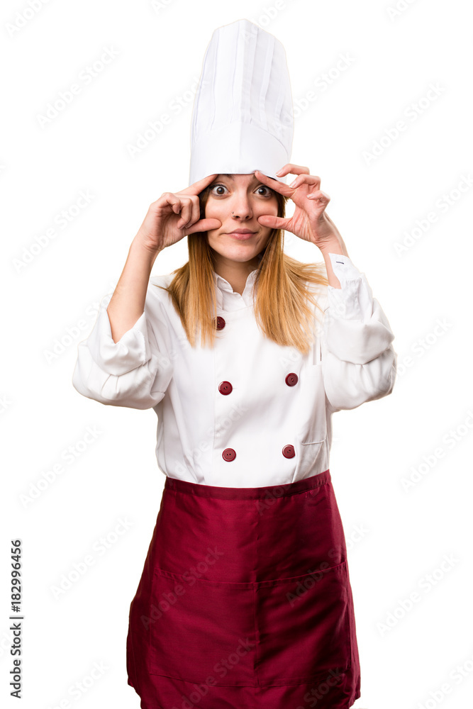 Beautiful chef woman showing something Beautiful chef woman showing something