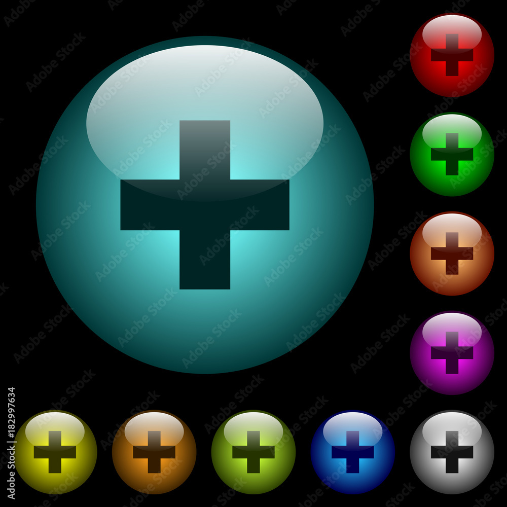 Obraz premium Add new item icons in color illuminated glass buttons