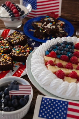 Fruitcake served in plate on wooden table