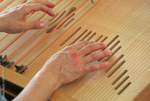 hands playing an old  cithara with lots of strings photo