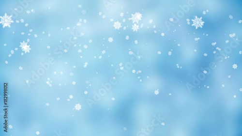 Frosty crystal snowflakes gently falling on icy snowy day, winter seasonal scene, white snow and frost, festive New Year and Christmas background with snowfall, abstract illustration, animation
