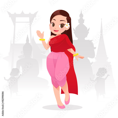 illustration thai women in thai traditional dress, Traditional southeast asian costume, Travel, Vector cartoon