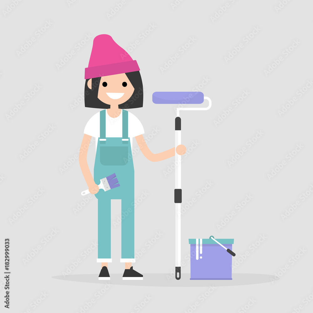 Smiling worker holding a paint roller. Renovating the house. Young character wearing a jumpsuit. Flat editable vector illustration, clip art Smiling worker holding a paint roller. Renovating the house. Young character wearing a jumpsuit. Flat editable vector illustration, clip art
