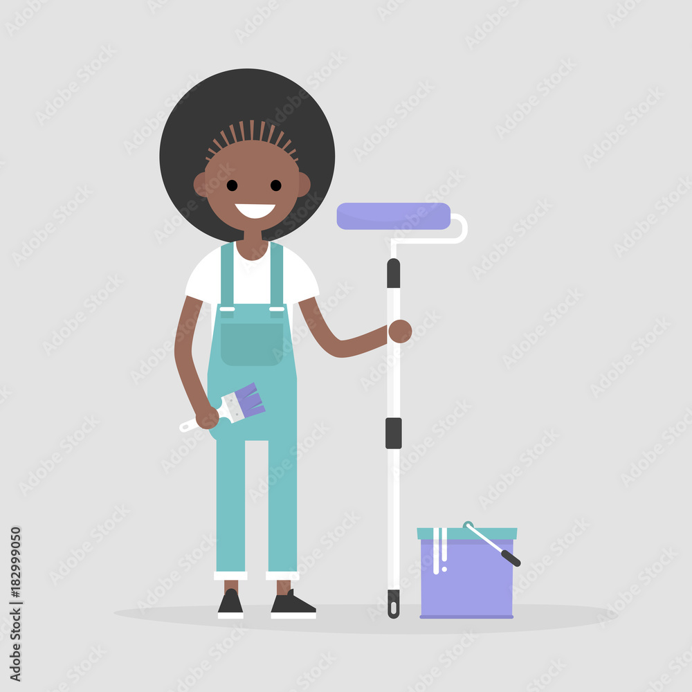 Fototapeta premium Smiling worker holding a paint roller. Renovating the house. Young character wearing a jumpsuit. Flat editable vector illustration, clip art