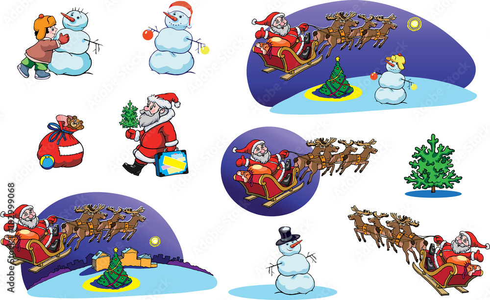 Naklejka premium New year, Christmas, Santa Claus, boy, elements of design, color, winter