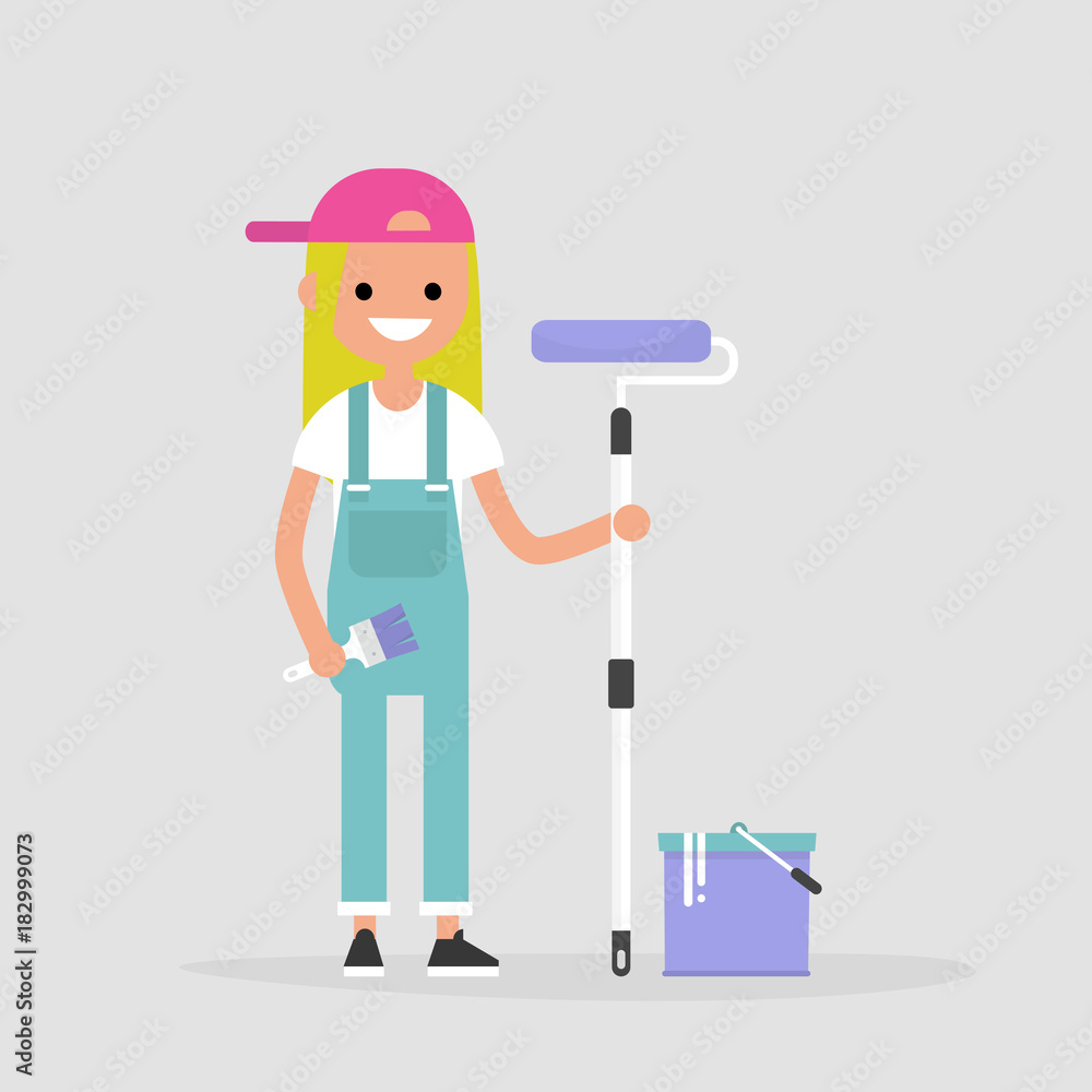 Smiling worker holding a paint roller. Renovating the house. Young character wearing a jumpsuit. Flat editable vector illustration, clip art