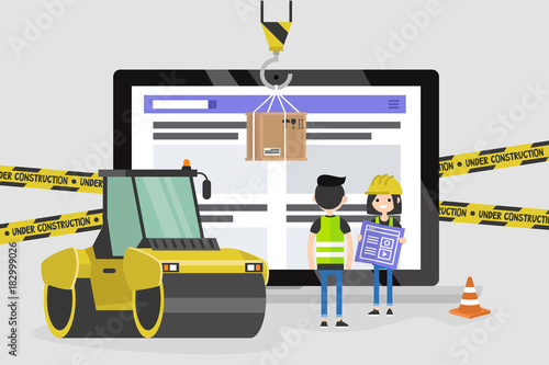 Web design and development. Site under construction. A team of young professionals working on a landing page. Flat vector illustration, clip art. Millennials at work. Digital creative industry.