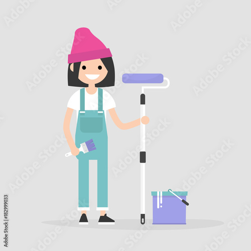 Smiling worker holding a paint roller. Renovating the house. Young character wearing a jumpsuit. Flat editable vector illustration, clip art