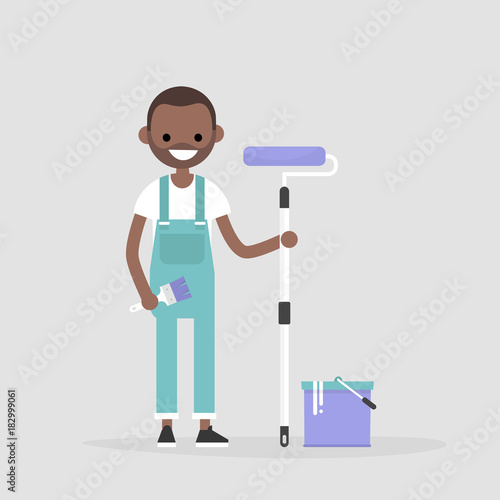 Smiling worker holding a paint roller. Renovating the house. Young character wearing a jumpsuit. Flat editable vector illustration, clip art