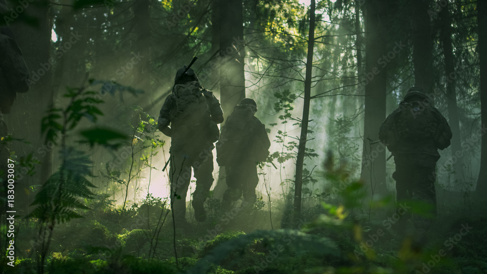 © Gorodenkoff - Fully Equipped Soldiers Wearing Camouflage Uniform Attacking Enemy, Rifles Ready to Shoot. Military Operation in Action, Squad Running in Formation Through Dense Smokey Forest.