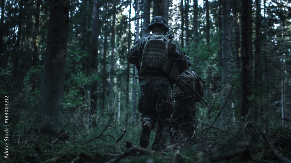 Fully Equipped Soldier's Group Moves Further in the Dense Forest. They're Deployed on the Reconnaisance Military Mission at Night in a Dark Ambient. Low Angle Footage.
