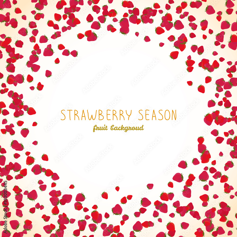 Strawberry picking season. Flyer with copyspace. Ripe berries scattered on the white background. Vegetarian poster. Healthy lifestyle food. Fresh juicy fruits. Text frame.