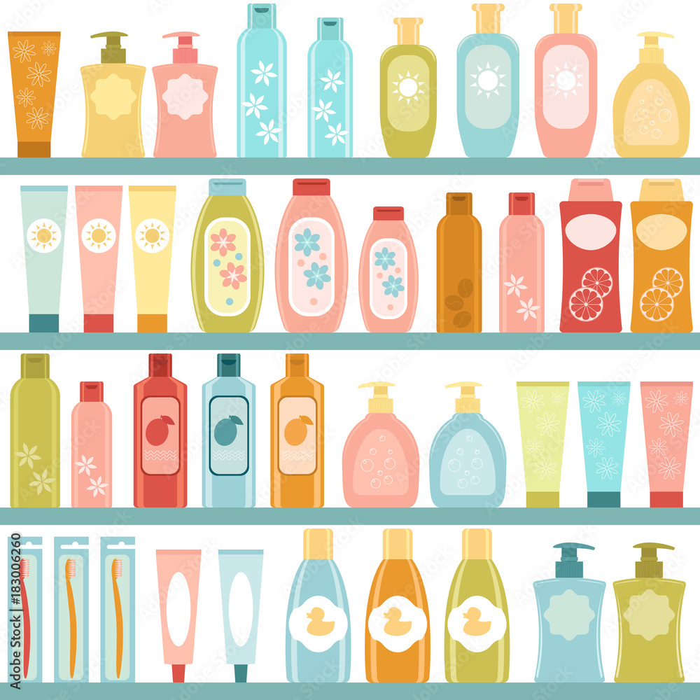 Shelf with cosmetics. Vector flat illustration. Seamless pattern. Shelf with cosmetics. Vector flat illustration. Seamless pattern.