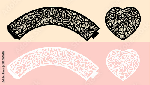 Laser cut cake decoration. Cupcake wrapper for party ( wedding, baby shower, birthday) with flowers template. Vector printable mock-up for laser cutting. Black and white lace design