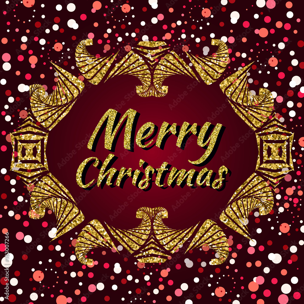 Merry Christmas greeting card with confetti and snow