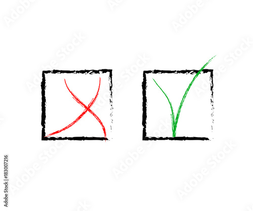 Yes and No Vector Set Square Frames, Isolated.  Hand Painted Election, Quizz, Voting, Test Symbols. Ink Brush Rejection and Approval, Query Choice Icons. Yes and No Tick and Cross Symbolic Marks.