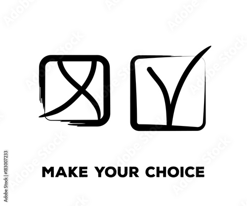 Yes and No Vector Set Square Frames, Isolated.  Hand Painted Election, Quizz, Voting, Test Symbols. Ink Brush Rejection and Approval, Query Choice Icons. Yes and No Tick and Cross Symbolic Marks.