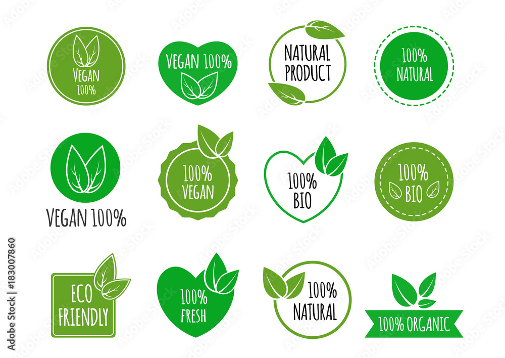 Set of bio healthy food badges. Vegan, organic logos. Vector illustration Set of bio healthy food badges. Vegan, organic logos. Vector illustration