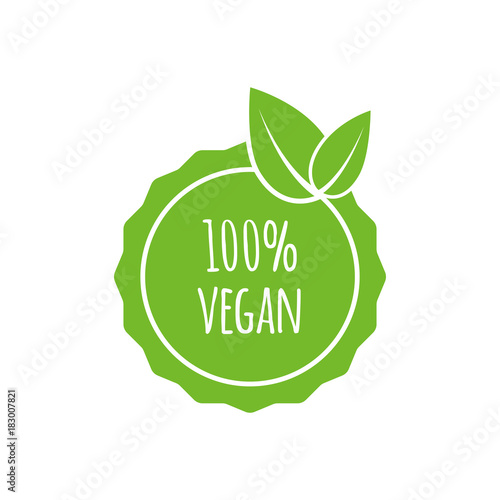 Vector round vegan, eco, bio green logo with leaf. Vegan menu. Vector illustration