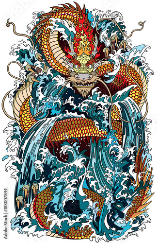 Fototapeta Japanese water dragon a traditional mythological deity creature in the sea or river splashes. Tattoo style vector illustration