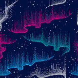 Vector seamless pattern with dotted swirls of color northern or polar light in blue, pink and white on the dark background. Aurora borealis lights in dotwork style for space and galaxy design. 