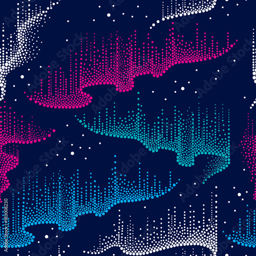 Vector seamless pattern with dotted swirls of color northern or polar light in blue, pink and white on the dark background. Aurora borealis lights in dotwork style for space and galaxy design. 